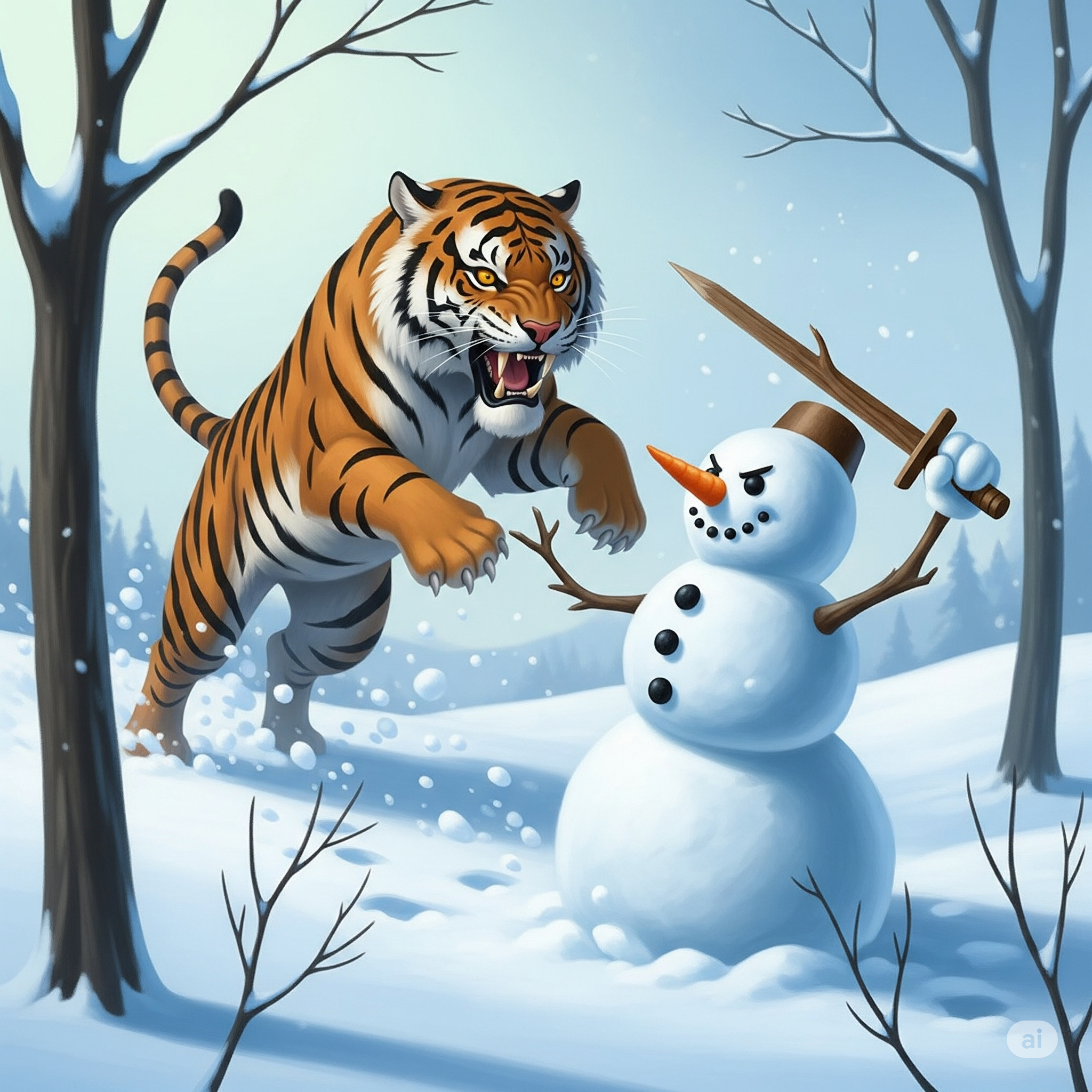 Snowman Fights The Tiger